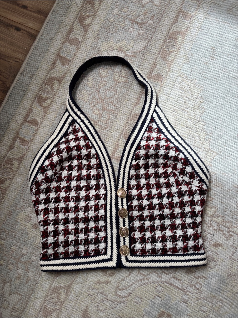 ♟ Ronny Kobo Tweed Houndstooth Halter Crop Top — Size S